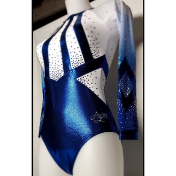 gelimiteerde oplage - Turnpakje met lange mouwen in metallic blauw, dynamisch wit patroon. Sublimaties op de mouwen voor stijl en topprestaties! 💫 98535